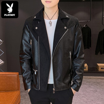  Playboy casual trendy mens leather jacket jacket mens spring and autumn Korean slim-fit short motorcycle leather clothing mens clothing