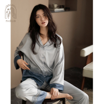 Nidia 2021 pajamas female autumn ice silk long sleeve lapel cardigan fashion mosaic lace spring and autumn home suit suit