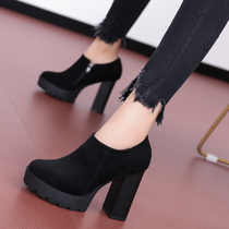 Waterproof table high heels 2021 spring new fashion simple plus velvet thick heel black work shoes deep mouth single shoes women