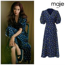 MAJE KARA Song Yanfei star with the same 2021 summer new waist V-neck vintage floral dress French