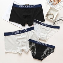 Couple underwear black cotton set couples lace mens flat angle womens low waist size student pants pink transparent