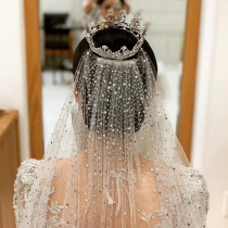 Korean yarn beige light champagne light thin transparent nail Diamond Bride wedding long single layer with hair comb hot drill head yarn