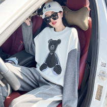 2021 autumn new leisure sports suit women plus velvet thick fried street fashion student bear sweater two-piece set