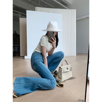 UNICA 2 colour years self-wearing 3 m long legs Improved high waist display slim elastic retro horn jeans
