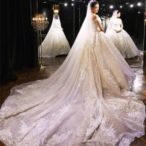 Rental heavy industry main wedding dress 2021 new bride temperament luxury starry sky big trailing one shoulder French summer rental