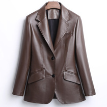 2021 New Haining Sheepskin Leather Leather Ladies Medium and Long Slim Small Suit Jacket Spring and Autumn Single Leather Jacket