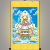  Oriental three saints Buddha painting high-definition pharmacist Buddha Tathagata sunlight moonlight Bodhisattva portrait scroll hanging painting can be customized