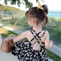 Girls summer black floral dress small chrysanthemum suspender skirt baby seaside beach beach dress foreign atmosphere