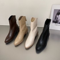 ITSK Martin boots female English white pointed thick heel and ankle boots