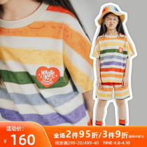 Toothpick pills and small guys girl girl short sleeve rainbow striped T-shirt shorts suit sports children parent-child summer