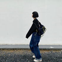 (Gollum oh)Homemade thin Japanese loose bf style student street American retro denim strap pants