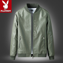 Playboy mens leather jacket spring Korean fashion slim jacket handsome thin short stand collar clothes