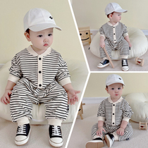 Net red infant autumn conjoined Ha Yi men and women baby spring clothing cotton newborn Tide brand stripes out climbing clothes