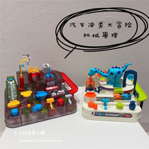 Dinosaur adventure transparent car train pass through the track sliding music lighting manual educational toy shaking sound model
