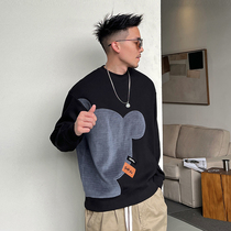 Gan Shu autumn and winter mens stitching sweater round neck sleeve American casual loose Korean coat tide color