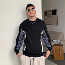 Gan Shu autumn and winter mens round neck stitching sweater loose plus velvet thick striped coat American warm tide