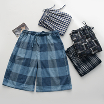 Day Style Plaid Sleeping Pants Men Summer Pure Cotton Cotton Cloth Double Layer Thin style Loose With Home Pants Beach Shorts 50% Pants