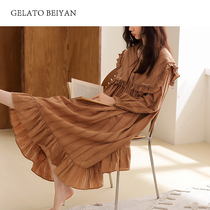 Beyan pajamas womens spring and summer woven cotton long sleeve thin nightgown Korean sweet girl loose size home clothes