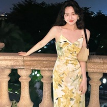 Wine afternoon French retro 2021 female summer new chiffon V collar oil painting sling dress Hong Kong style long skirt
