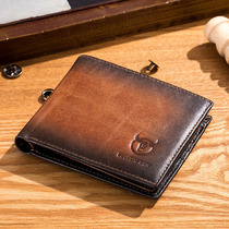 Bull Captain Short Wallet Man Genuine Leather Anti-theft Brush Multi-Position Cross Section Photo Driving License Bull Leather Retro Small Money Leather Wallet