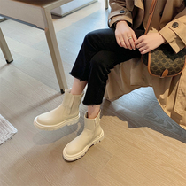 Chelsea Boots Womens Art Step Leather Fried Street Short Boots Clearance Slimming plus velvet round head thick bottom zipper mid-heel boots
