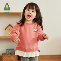 Ah Mi La childrens clothing 2021 spring and autumn new girls fake two sweaters childrens tops childrens foreign style baby