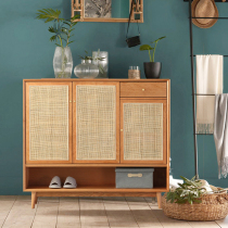 Nordic solid wood shoe cabinet Simple dining side cabinet Rattan household foyer storage side cabinet multi-function locker entrance cabinet