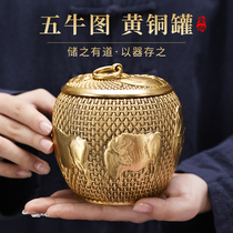 Pure copper tea pot home indoor office creative Chinese five-cow storage jar moisture-proof sealed jar home ornaments