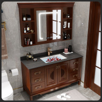 New Chinese style bathroom cabinet combination rock board hidden Feng Shui mirror cabinet Bathroom solid wood oak washbasin cabinet sink