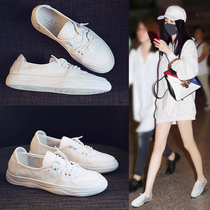 Hong Kong 2022 Spring new stars Same-style Casual Little White Shoes Women Genuine Leather Han Edition 100 Lap Breathable Flat-bottomed Single Shoes