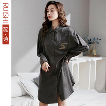 Pajamas ladies nightgown spring and summer cotton long sleeve spring and autumn autumn thin cardigan shirt cute mid-length