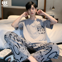 Mens pajamas cotton spring summer short sleeves trousers cotton cartoon teen college casual loungewear set