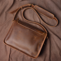 Retro first layer cowhide mens and womens small square bag handmade original crazy horse leather casual simple shoulder bag leather messenger bag