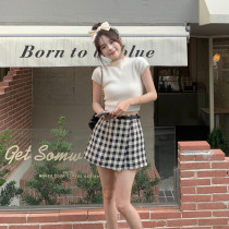  RomanceOfGirl Mind cap hairy micro turtleneck small short-sleeved belt acetate lattice short skirt