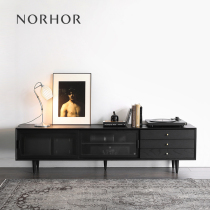 Nordic expression GUAN glass sliding door Oak Solid Wood TV cabinet Japanese medieval retro drawer audio-visual Black#