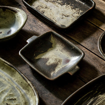 Effects of Fire run tu 2021 retro coarse pottery utensils Japanese kiln creative salad bowl shuang er pan yu pan dipping dish