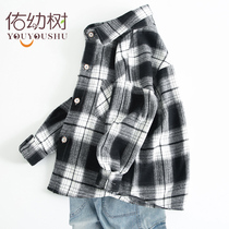 Boy Plaid Shirt Child Spring Autumn New CUHK Child Foreign Air Spring Clothing Boy Pure Cotton Mill Fur Long Sleeve Shirt Tide