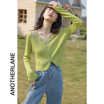 Also Lane Little Fresh Sweet Blouse 2022 Spring Summer Green Short V Collar Hollowed-out Long Sleeve Knit Cardiovert Woman