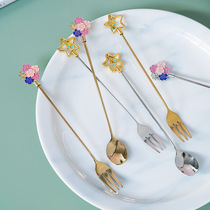 ins wind 304 stainless steel mixing spoon Girly heart long handle spoon Fruit fork petal coffee spoon Gold mixing stick
