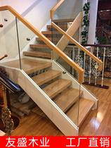 Beijing solid wood staircase indoor straight ladder loft glass stair steel wood guardrail villa custom rotating stair handrail