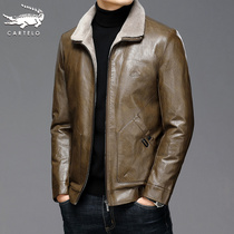 Crocodile Haining leather down jacket mens autumn and winter plus velvet padded soft leather casual leather jacket warm fur jacket