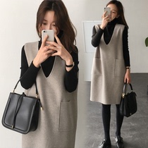 Pregnant women autumn suit Fashion Net red Korean version of long loose dress high neck warm top two-piece set