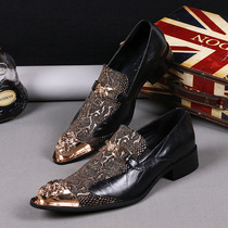 Stylist Men's Nightclub Korean Fashion Increase Men's High-heeled Men's Shoes Korean Pointed Iron Head Printed Cowhide Shoes