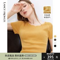 Lanzy wavy edge Slim Knit Cardiovert 2021 Summer new French style Silk Cotton Blend Short Sleeve Blouse