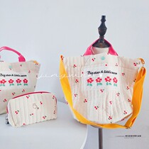 The Jing Wen House Ins Han Style Quilted Bag Embroidered Cherry Can Skew Satchel Bag Large Capacity Hand Carry Bag Single Shoulder Bag Light
