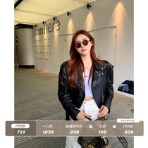 Yuan plus one motorcycle leather leather jacket womens short sheepskin black 2021 new spring and autumn