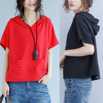 Large size womens clothing 200 pounds fat sister summer Korean version hooded sweater womens thin section loose short-sleeved casual versatile t-shirt