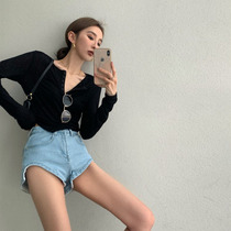 Irregular curved denim shorts womens hot pants design sense summer thin high waist pants thin stretch wide leg pants