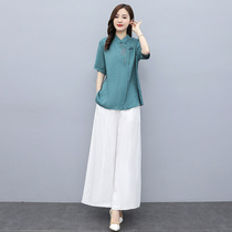 Chinese style cotton and linen wide-leg trouser skirt suit womens summer 2021 new loose thin age-reducing retro linen two-piece suit