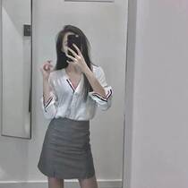 TB Thom 2021 summer shirt TB all-match white V-neck loose casual inner long-sleeved top female